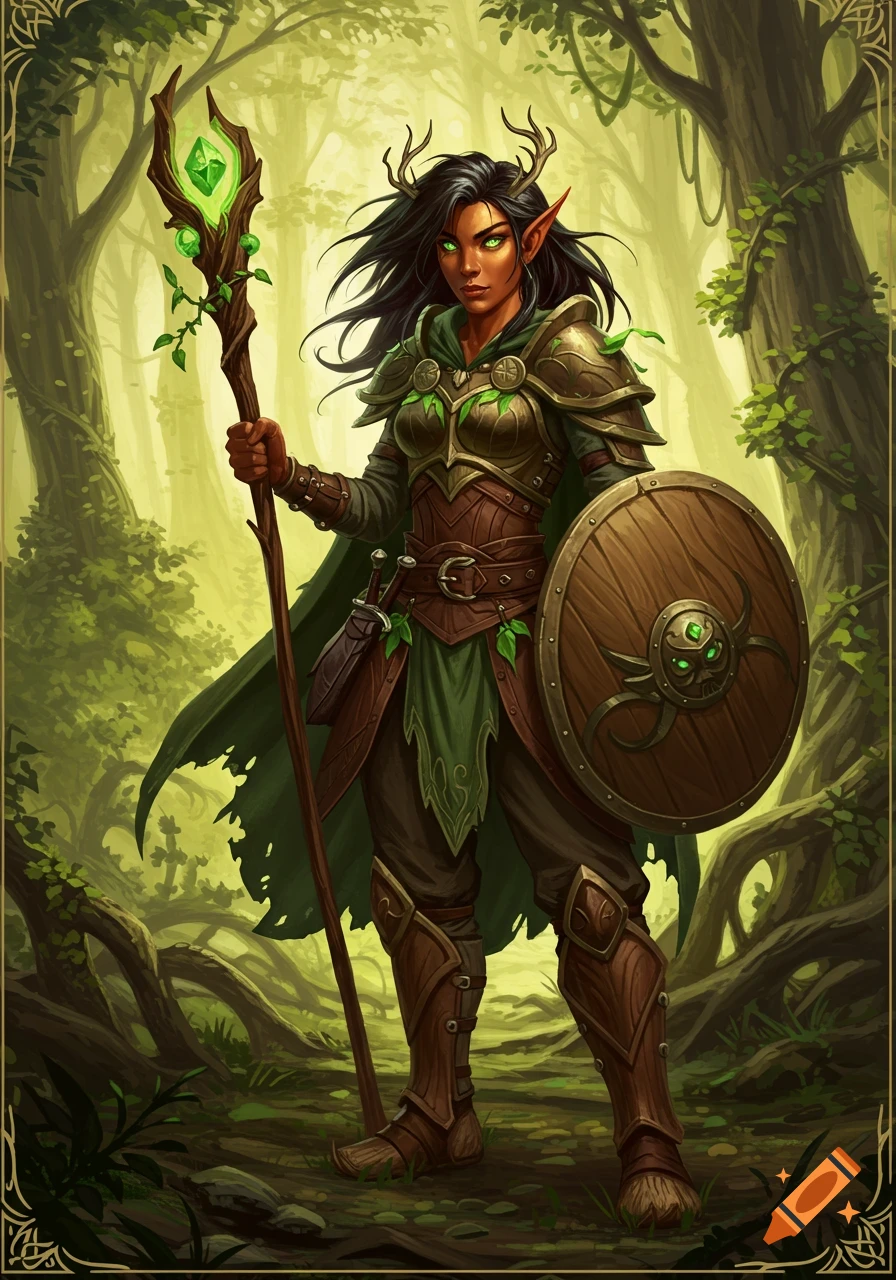 A female wood elf druid with dark hair, green eyes, copper skin, dressed in green and brown armor, holding a staff and shield in a forest.