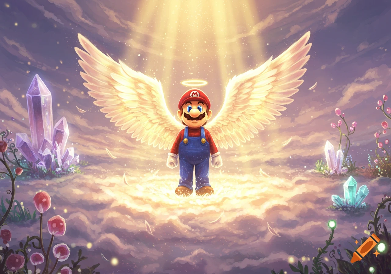 Digital illustration of angelic Mario with white wings and a halo, standing on glowing clouds among sparkling crystals and fantasy plants.