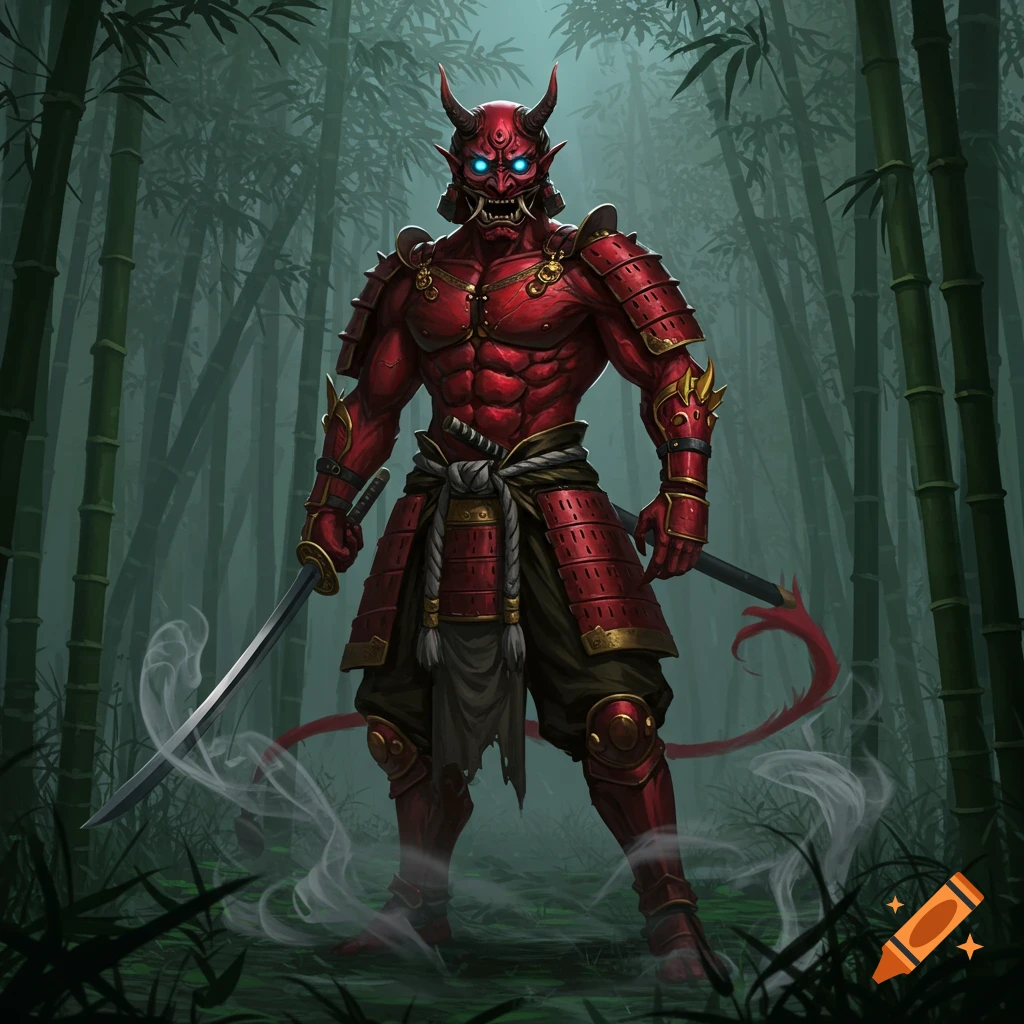 A red Oni demon warrior in samurai armor with glowing blue eyes and horns stands with two katanas in a dark bamboo forest.