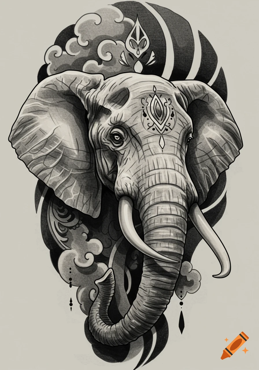 Black and grey tattoo art of an ornate elephant head with its trunk raised.