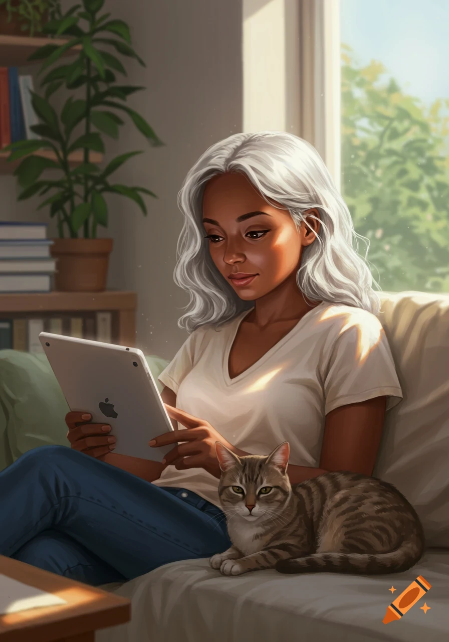 Digital art of a grey-haired woman reading on an iPad with a striped cat beside her on a couch in a sunlit room.