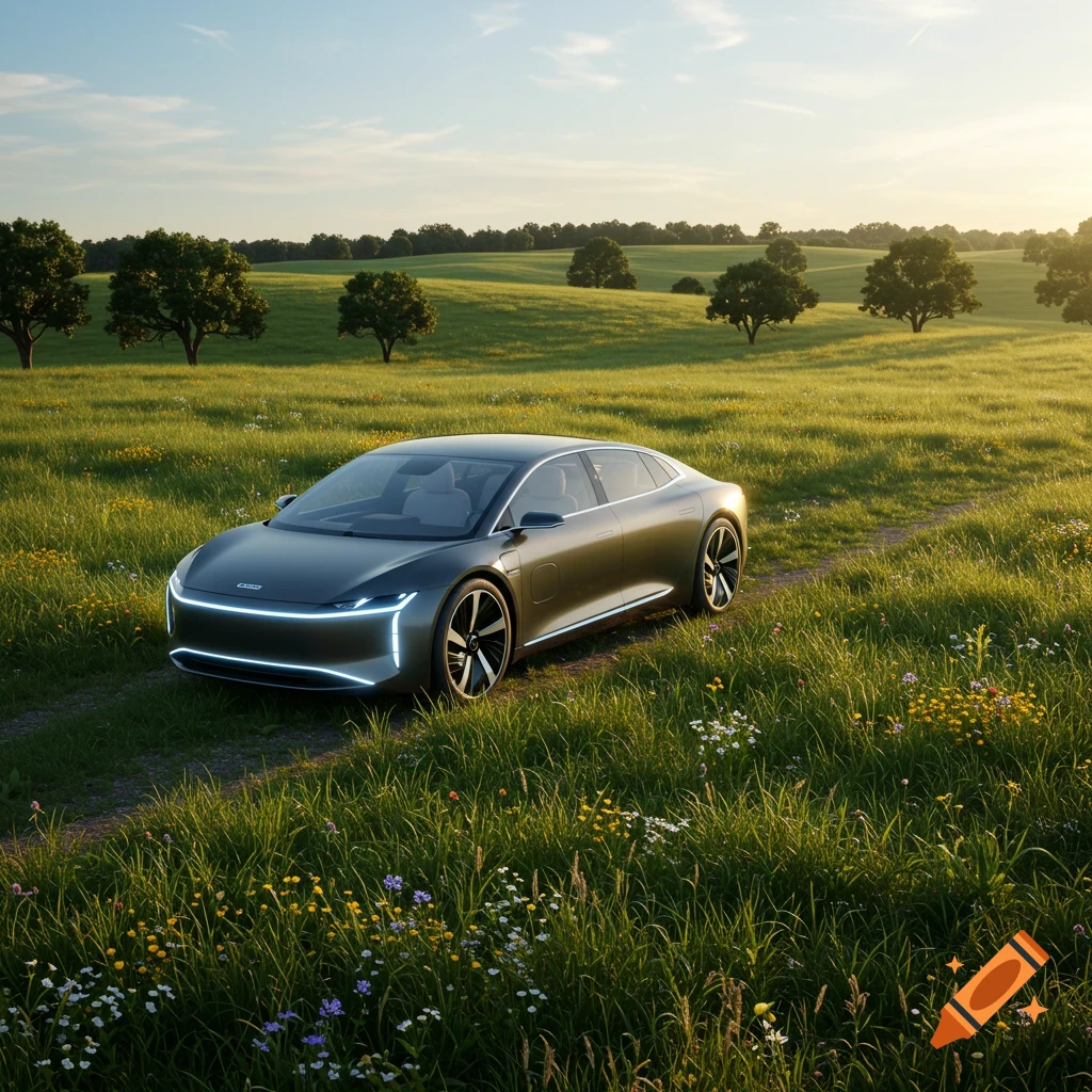 A dark grey modern car with glowing LED headlights on a dirt path in a green field with trees and a sunset, photorealistic.