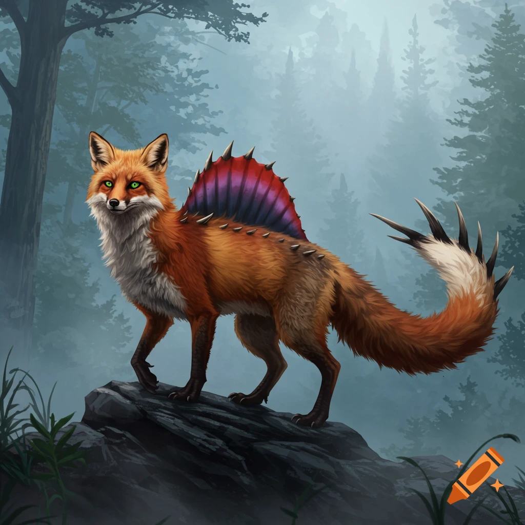 An orange fox with a colorful Spinosaurus fin and spikes on its back and tail stands on a rock in a misty forest.