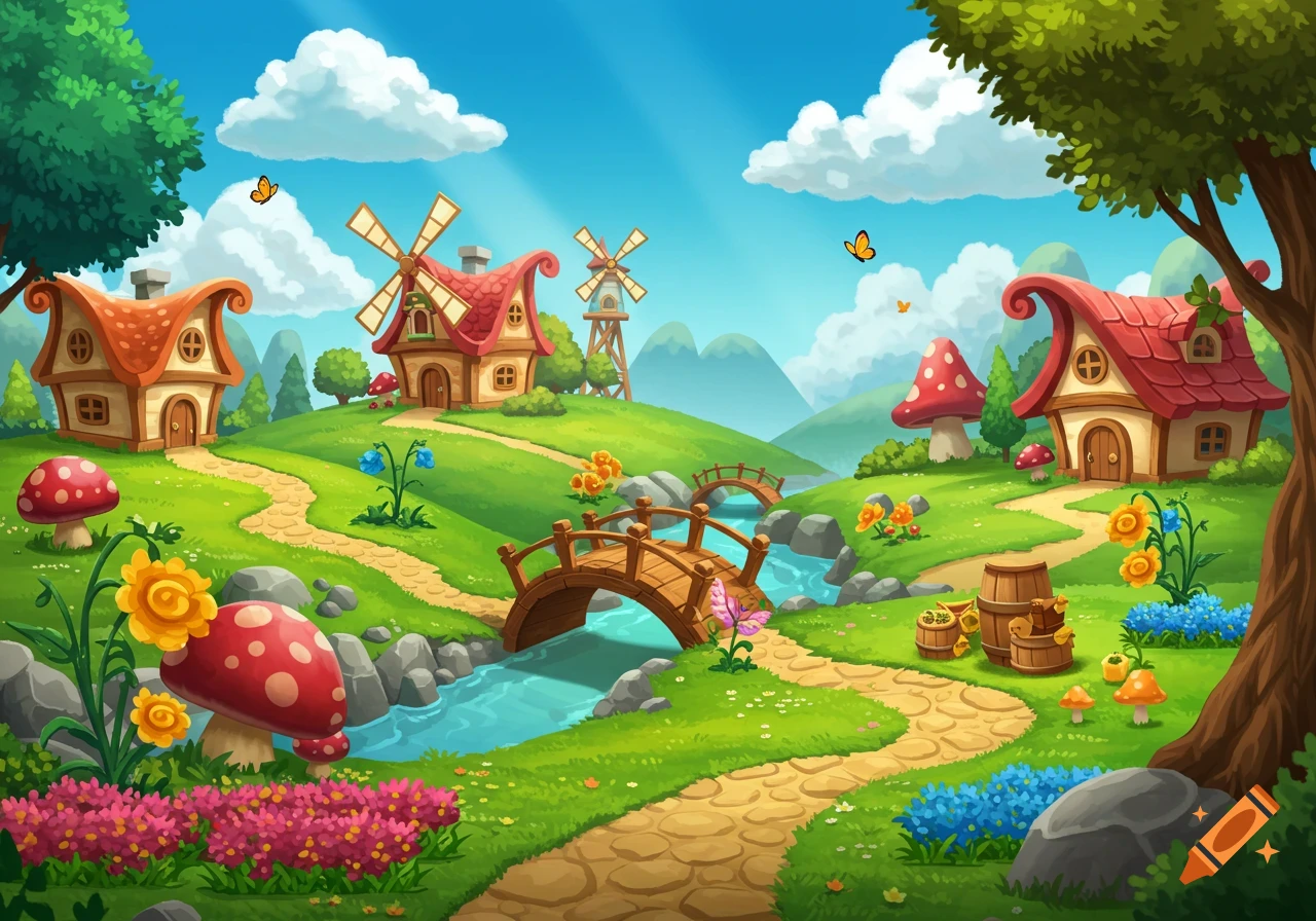 Vibrant cartoon landscape with whimsical houses, windmills, bridges, a stream, green hills, and colorful flowers.