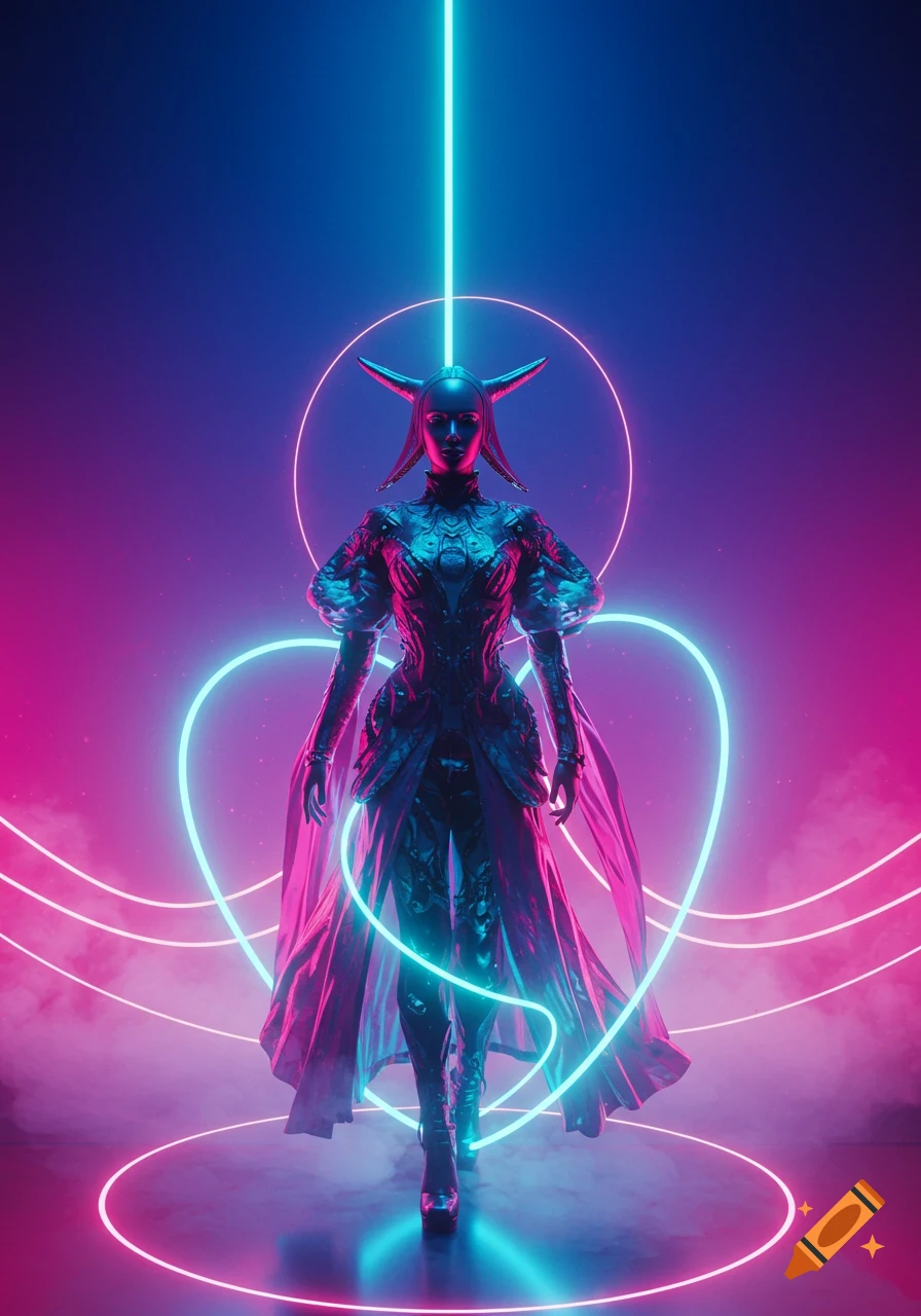 A stylized horned humanoid figure in elaborate armor and a flowing cape stands amidst glowing neon lines and mist, in vibrant blue and pink light.