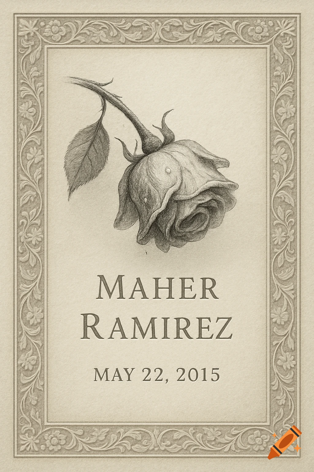 Pencil drawing of a single rose in an ornate floral frame with the text 'MAHER RAMIREZ MAY 22, 2015'.