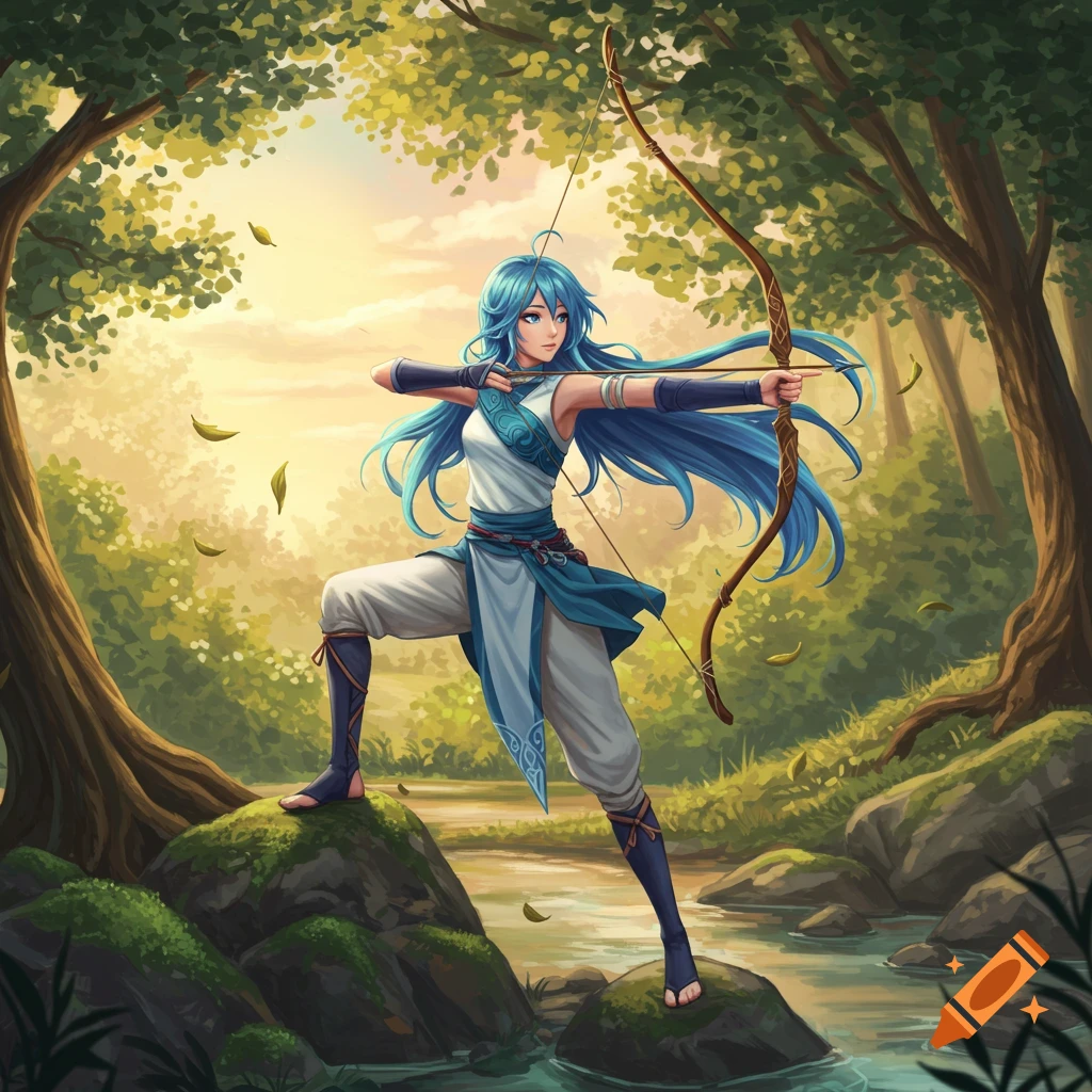 Anime-style girl with blue hair and a bow and arrow stands on rocks in a sunlit forest stream, aiming.