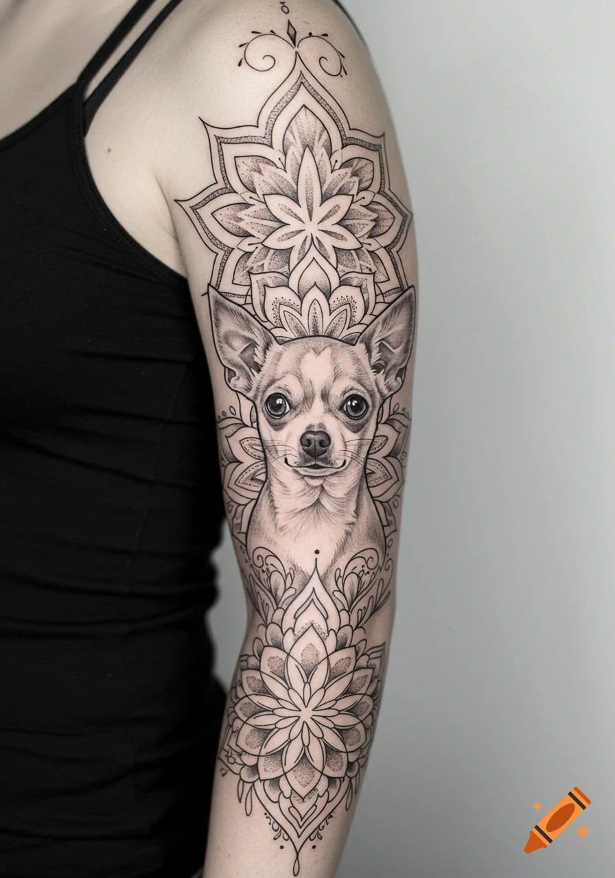 Black and white tattoo of a chihuahua portrait surrounded by intricate mandala patterns on a person's arm.
