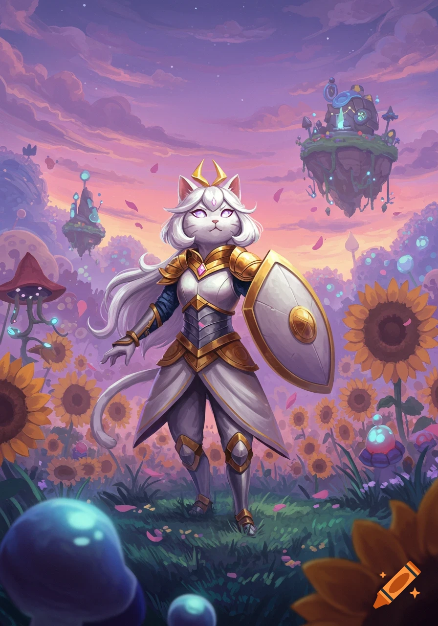 A white cat warrior in golden and silver armor, holding a shield, stands in a vibrant fantasy field with sunflowers and floating islands.