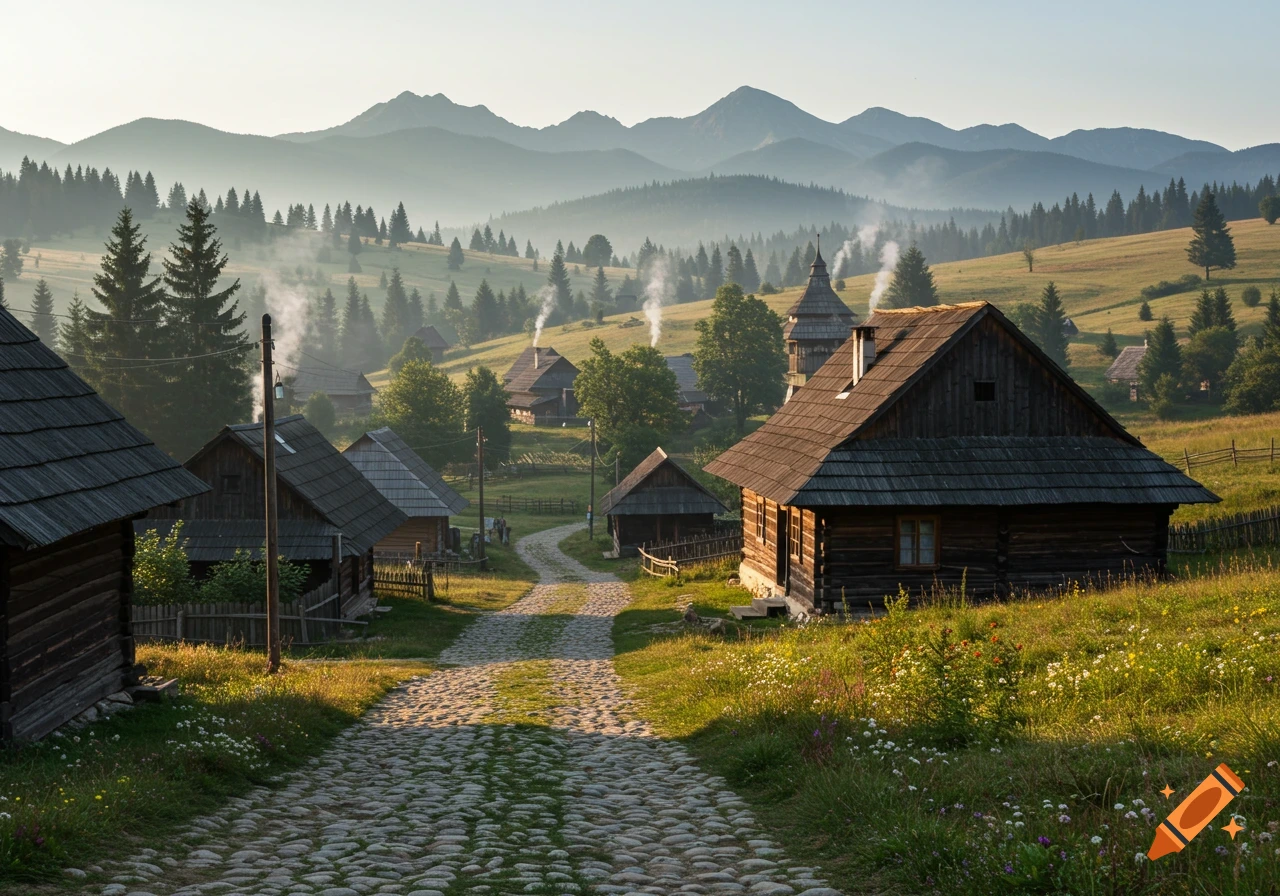 A cobblestone path leads through a traditional wooden village in a valley with misty mountains, smoke rising from chimneys.