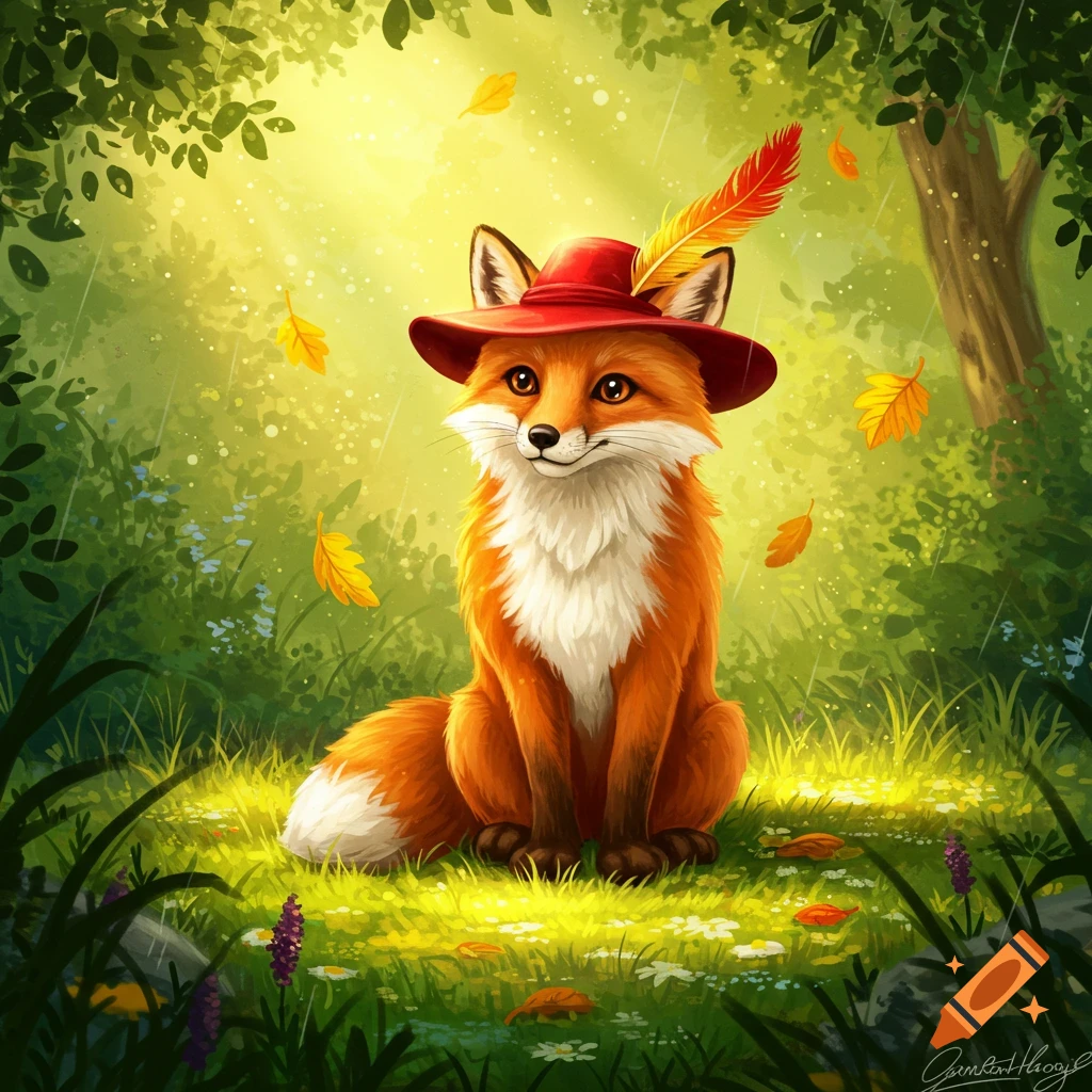 A cute cartoon fox in a red feathered hat sits in a sunlit, leafy forest with autumn leaves falling.
