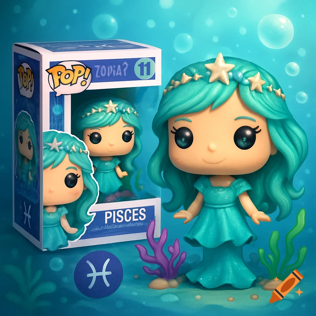 A teal-haired Pisces Funko Pop doll in a mermaid dress, standing next to its box with a Pisces symbol, in an underwater scene.