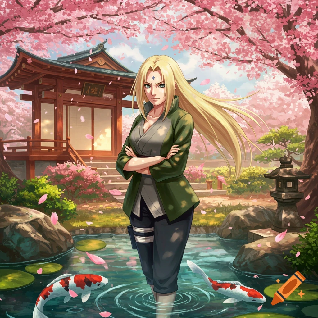 Anime illustration of Tsunade standing in a pond with koi fish in a cherry blossom-filled Japanese garden.