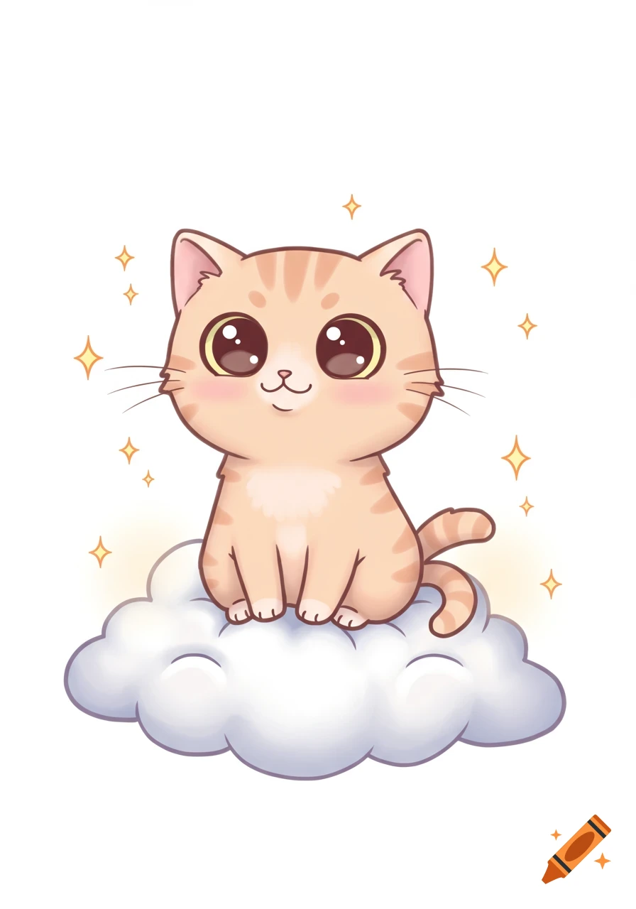Cute cartoon orange tabby cat with big expressive eyes, sitting on a fluffy white cloud with sparkles on a white background.