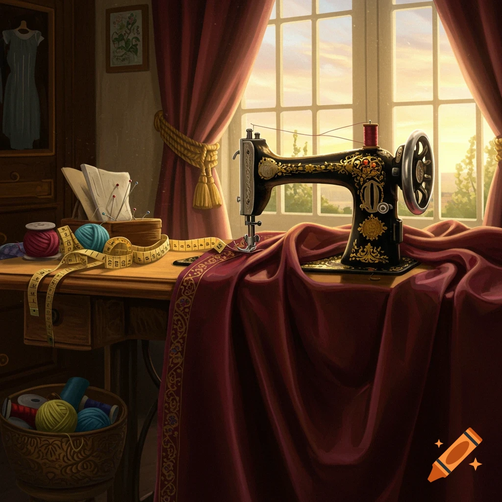 Detailed illustration of a vintage sewing machine on a wooden table with red fabric, thread, and measuring tape by a sunlit window.