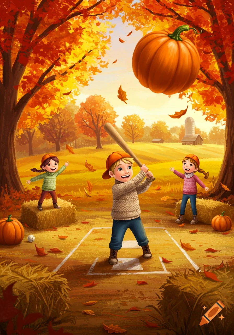 Illustrated autumn scene of children playing baseball, with a boy batting a giant pumpkin in a field with falling leaves and hay bales.
