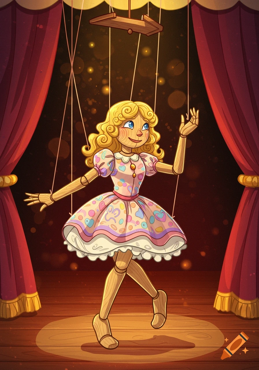 A cartoon wooden marionette with blonde curly hair and a colorful dress dances on a spotlighted stage with red curtains.