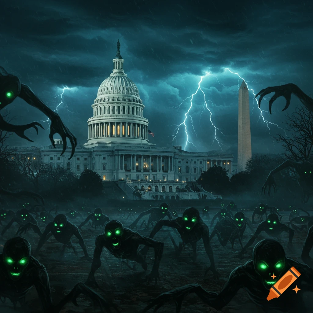 Zombie horde with glowing green eyes crawling towards the illuminated Capitol Building and Washington Monument under a stormy, lightning-filled sky at night.