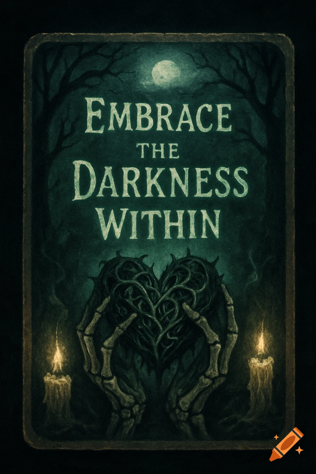 Dark gothic illustration of a card with skeleton hands holding a thorny heart, text reads 'Embrace the Darkness Within'.