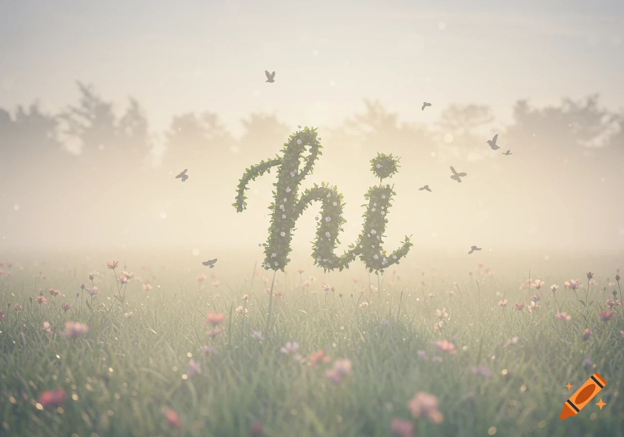 The word 'hi' formed by green vines and flowers floats above a misty field with pink flowers and flying birds at sunrise.