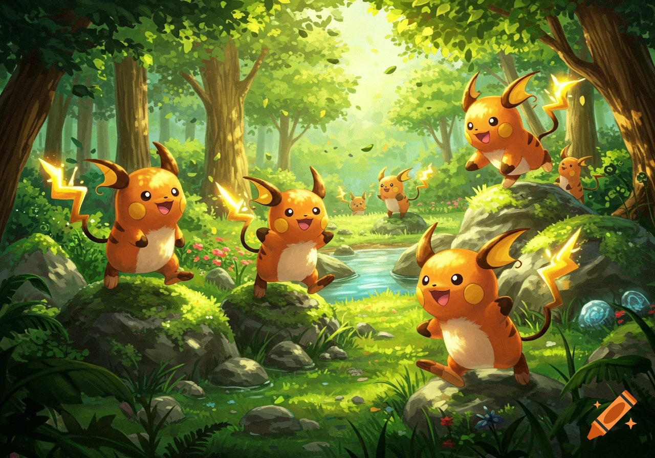 Multiple happy Raichu Pokmon running and standing on rocks in a bright, lush green forest with a stream, digital illustration.