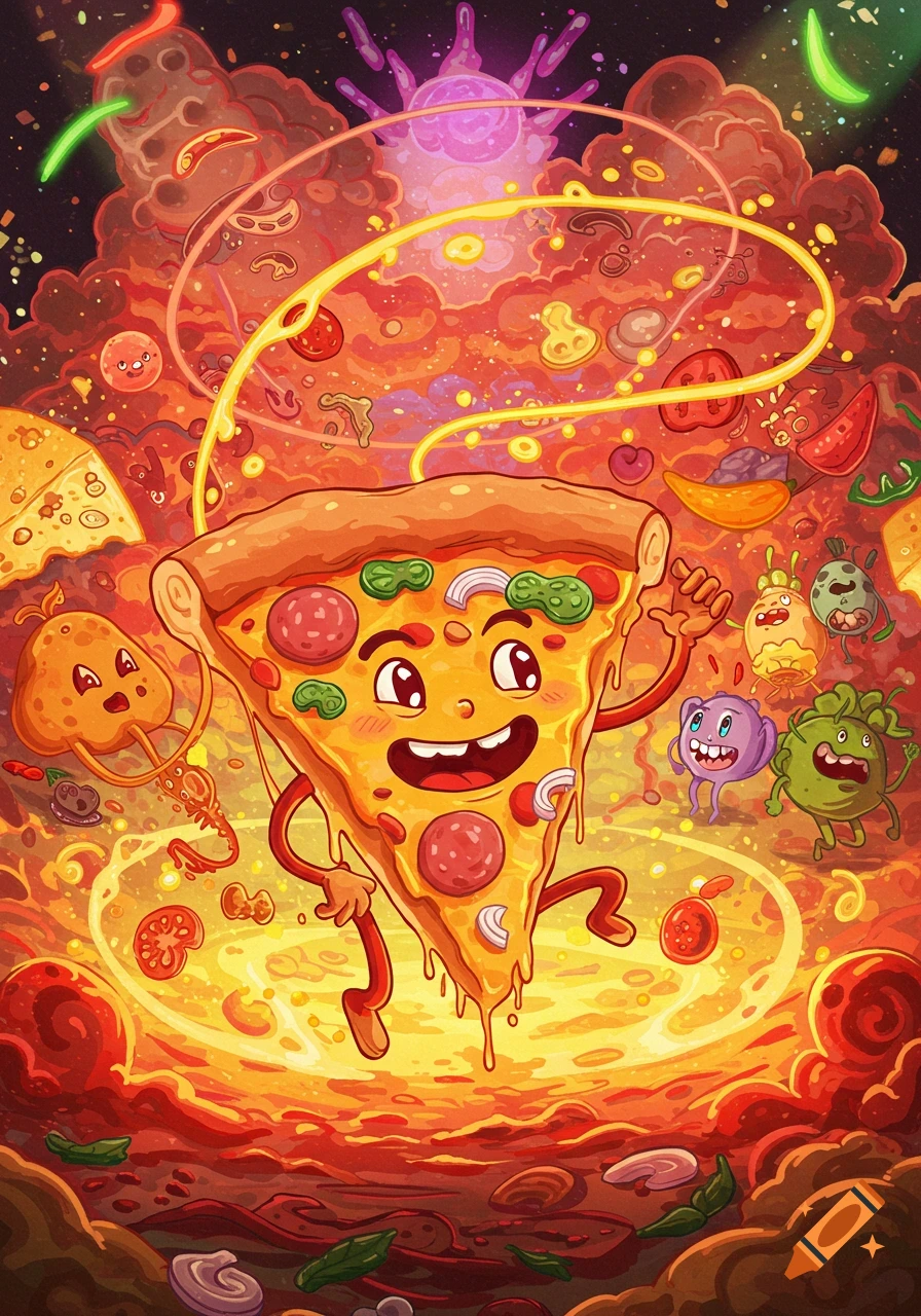 A happy, cartoon pizza slice runs through a vibrant, fiery, fantastical world filled with anthropomorphic food toppings and tiny creatures in an illustrative style.