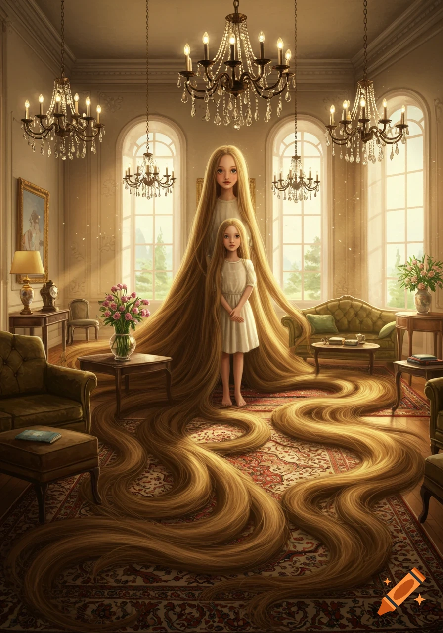 Two girls with incredibly long blonde hair filling a lavish room with chandeliers, windows, and antique furniture. Digital art.