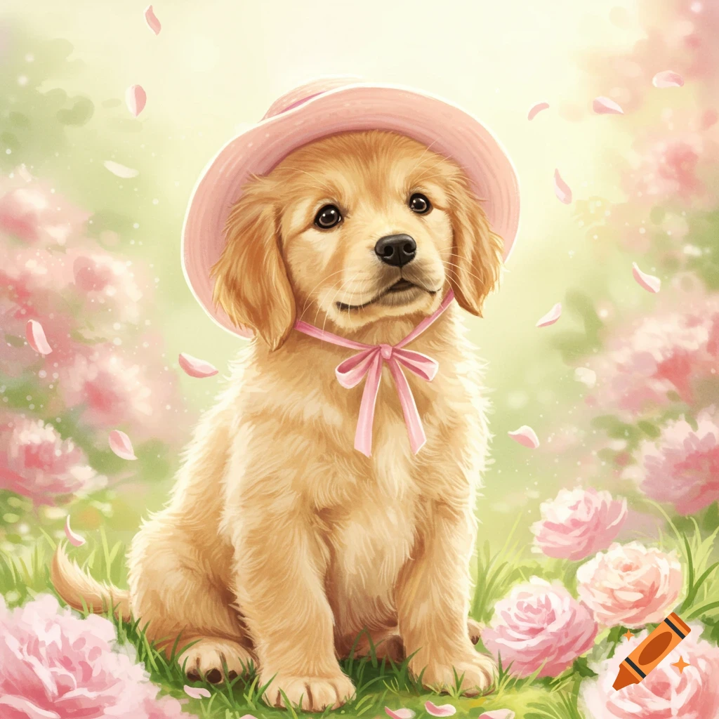 A cute golden retriever puppy in a pink hat sits among pink flowers with falling petals, in a digital art style.