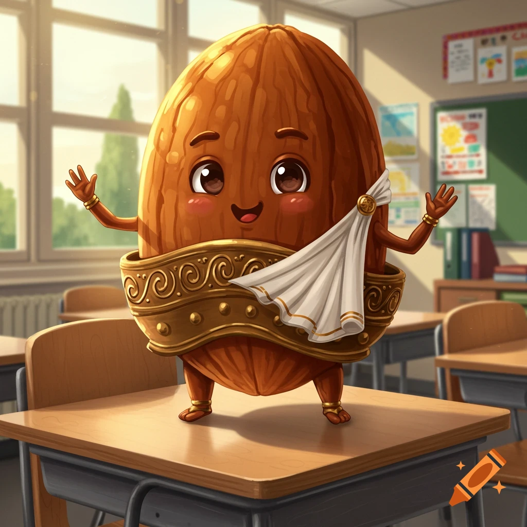 A cute, cartoon almond character wearing a toga and golden ornaments stands on a classroom desk, waving. Illustrated style.