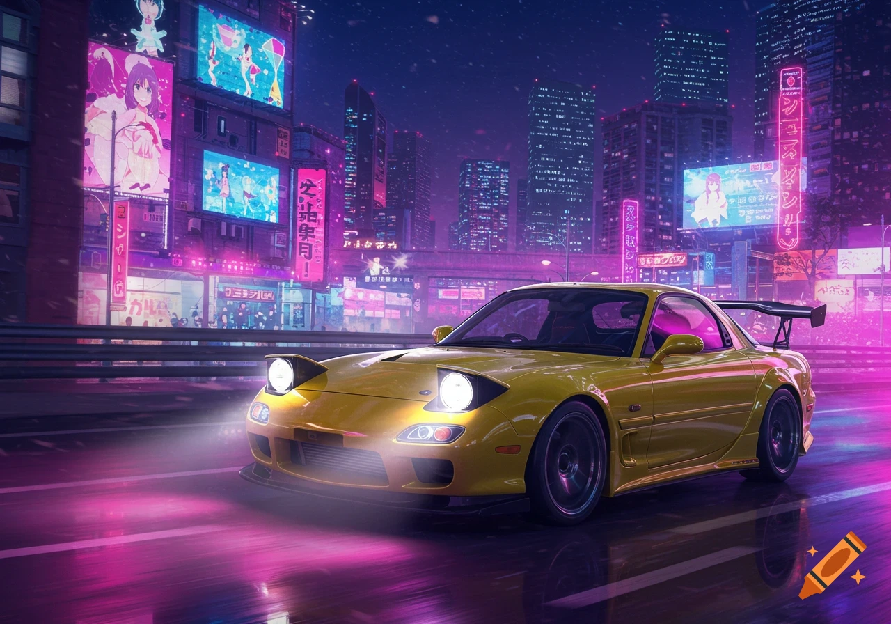 A yellow Mazda RX7 with its headlights on, driving down a neon-lit cyberpunk city street at night, with billboards featuring anime characters.