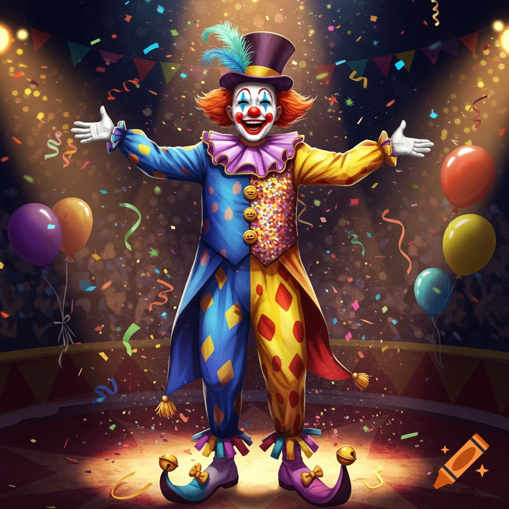 A cheerful clown in a vibrant, multi-patterned costume with a ruffled collar and top hat stands in a circus ring, surrounded by falling confetti and balloons.