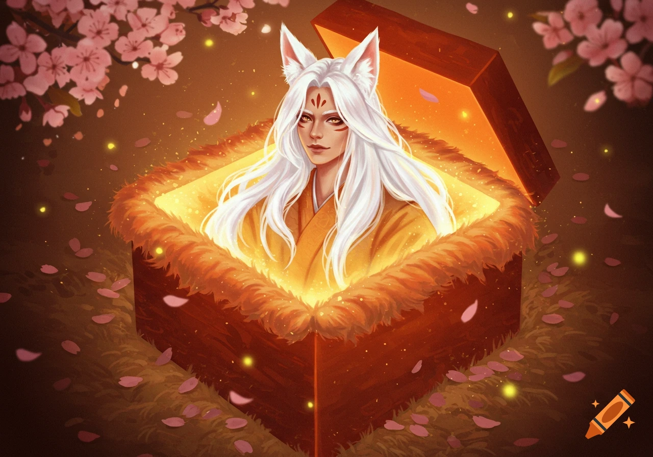 A fantasy character with white hair and kitsune ears sits in a glowing, fur-lined orange box surrounded by cherry blossoms.