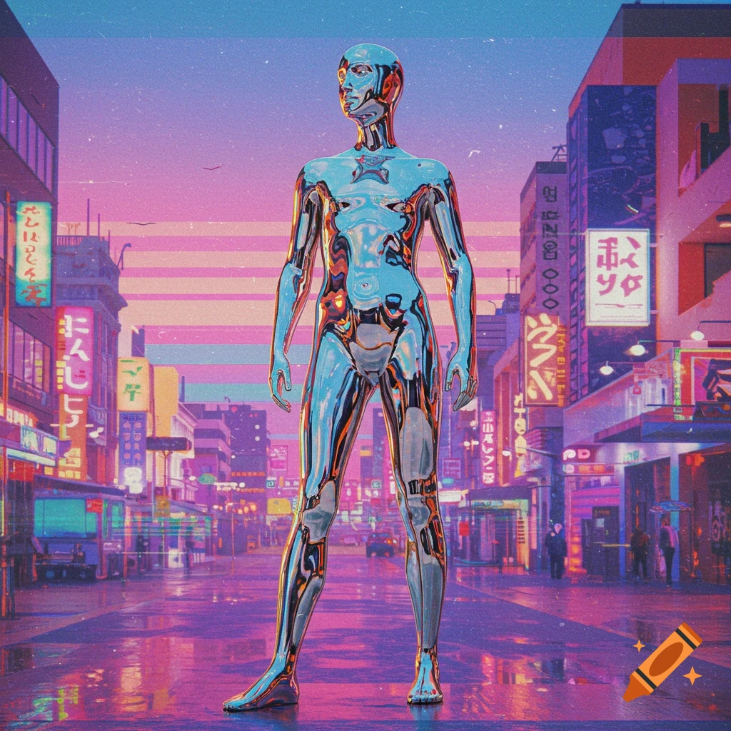 A shiny chrome humanoid statue stands in the middle of a neon-lit futuristic city street with vaporwave colors.