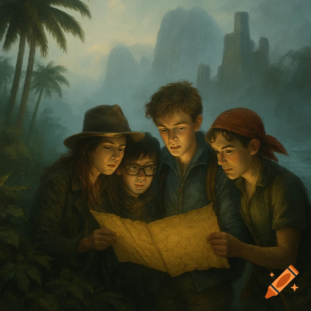 Four young adventurers in a misty, tropical jungle intently examine a glowing treasure map, painted in a moody, illustrative style.