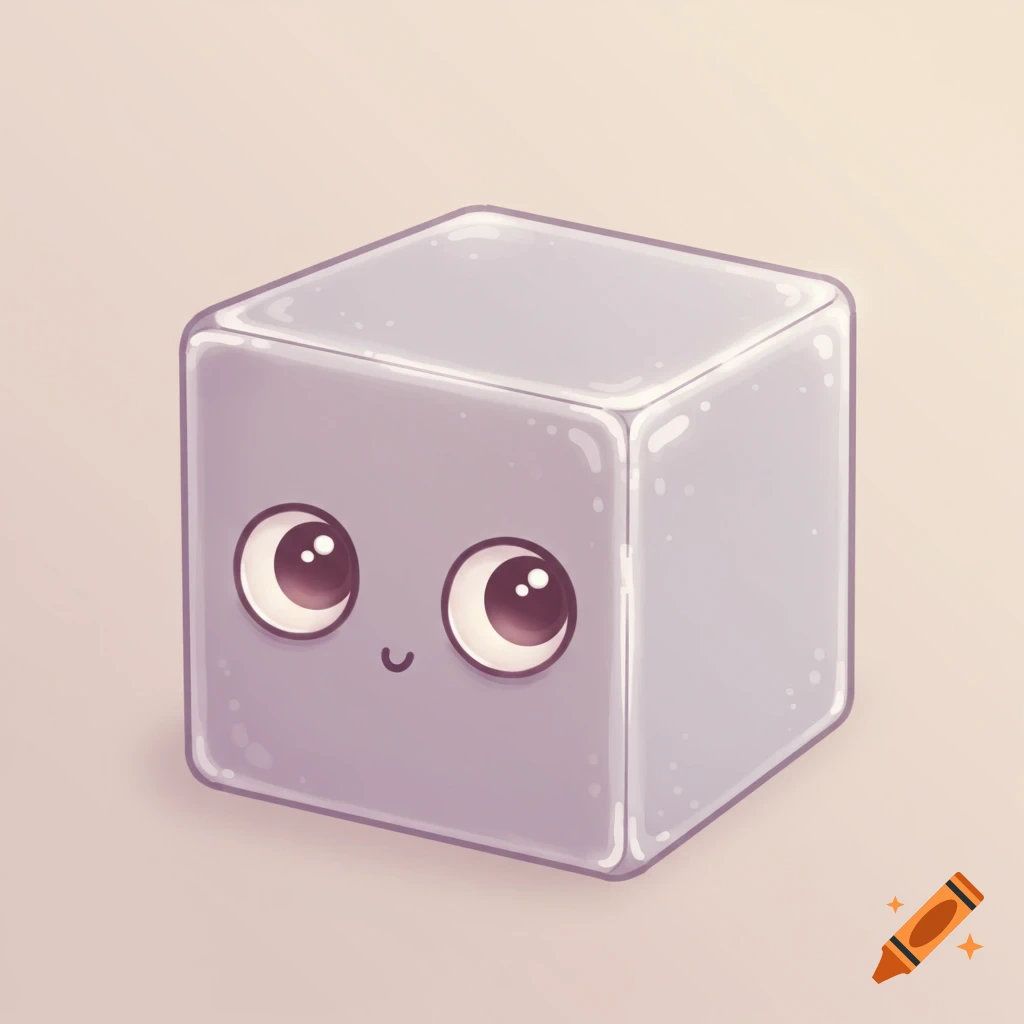A cute, stylized grey cube with big brown eyes and a small smile, rendered with a slight translucent quality, on a light background.