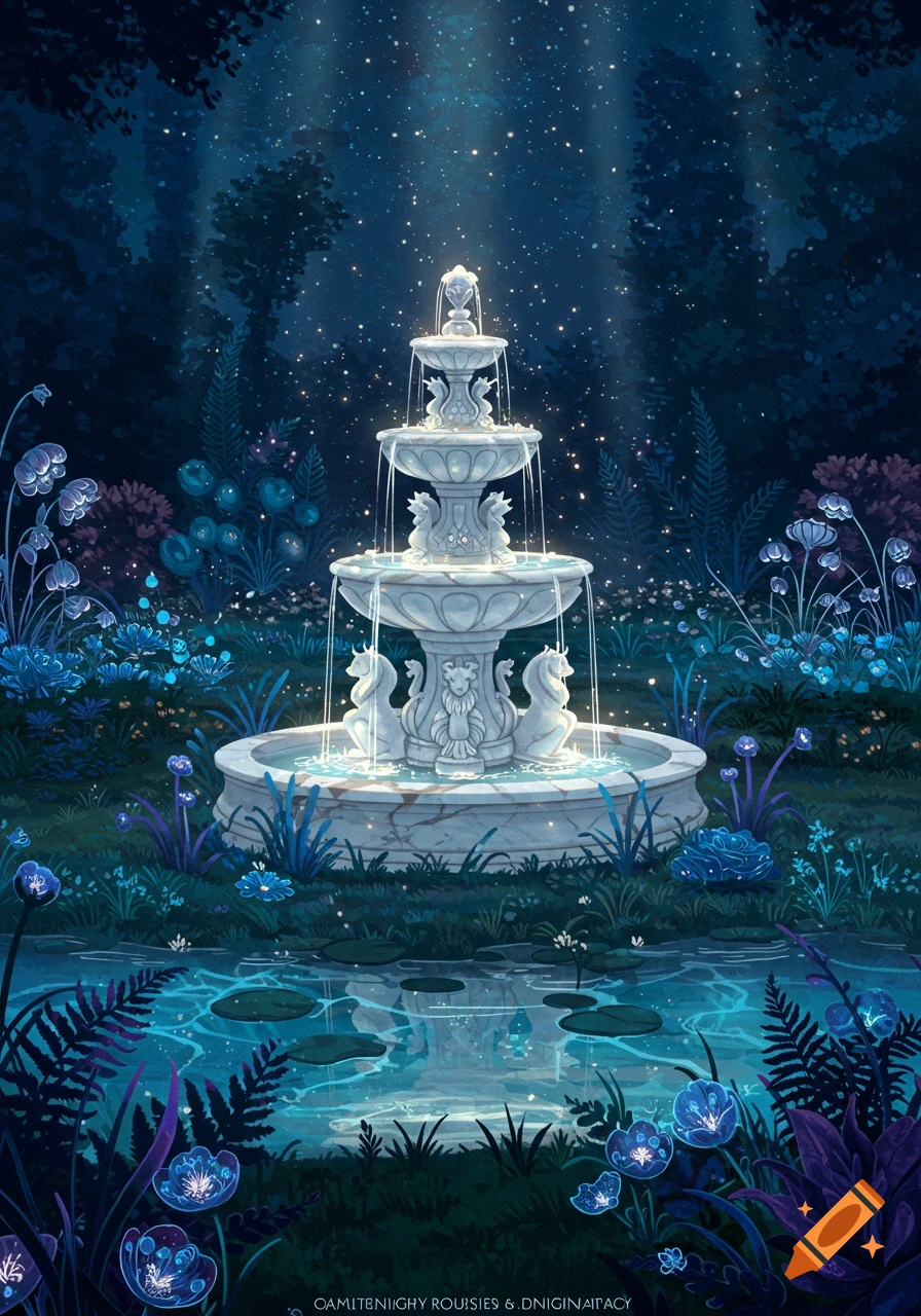 A magical forest scene at night with a glowing, multi-tiered white fountain surrounded by luminous blue and purple plants and a pond reflecting the light.