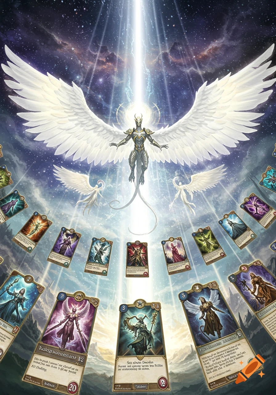 A majestic armored angel with large white wings ascends, surrounded by a circular arrangement of fantasy trading cards in a celestial setting.