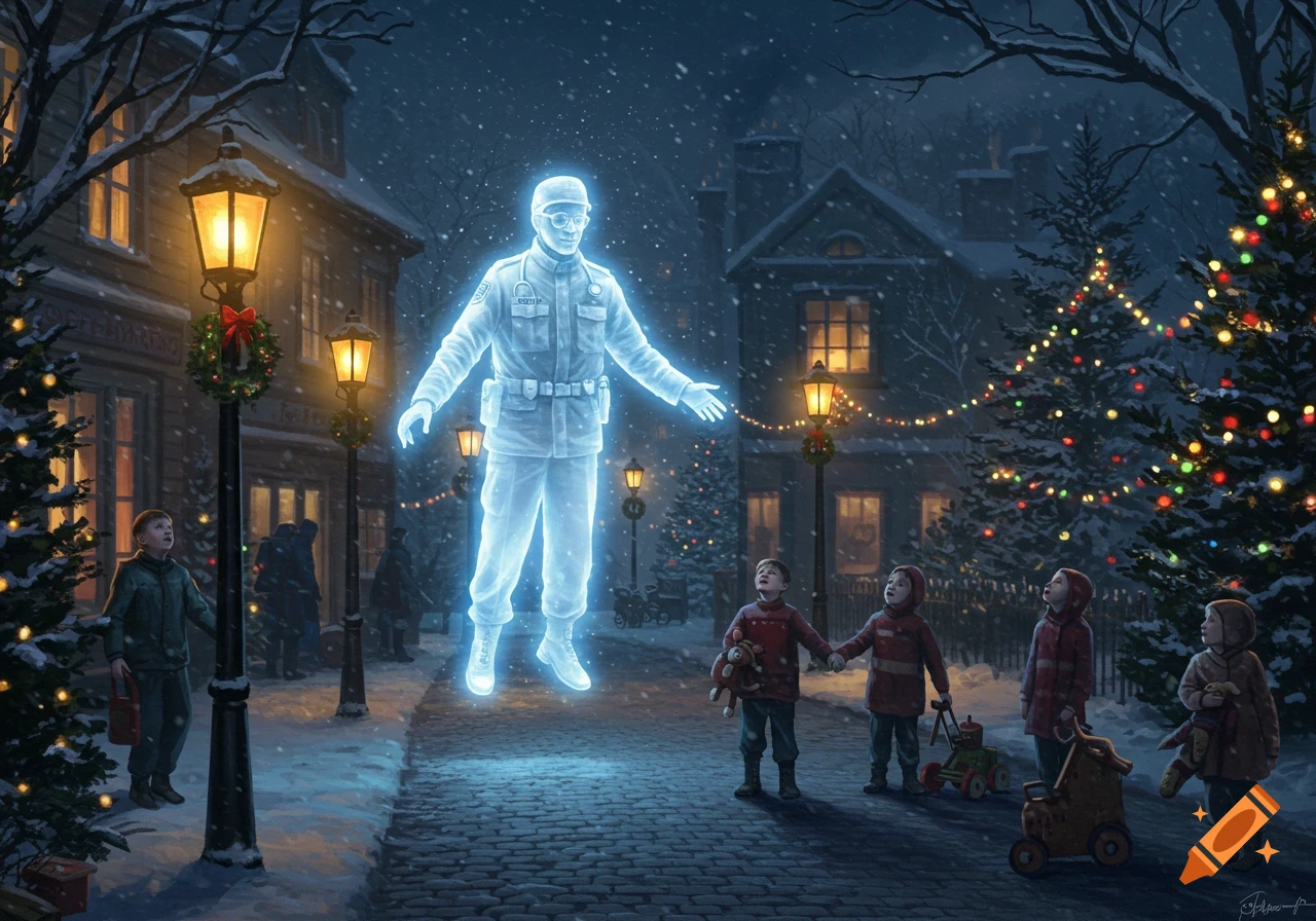 A glowing ghostly paramedic floats above children in a snowy, decorated Christmas street at night, illustration.