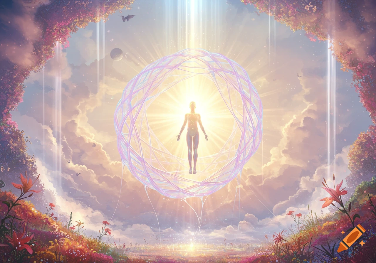 A glowing ethereal human figure floats inside a luminous geometric orb amidst a vibrant celestial landscape with clouds, planets, and colorful flowers.