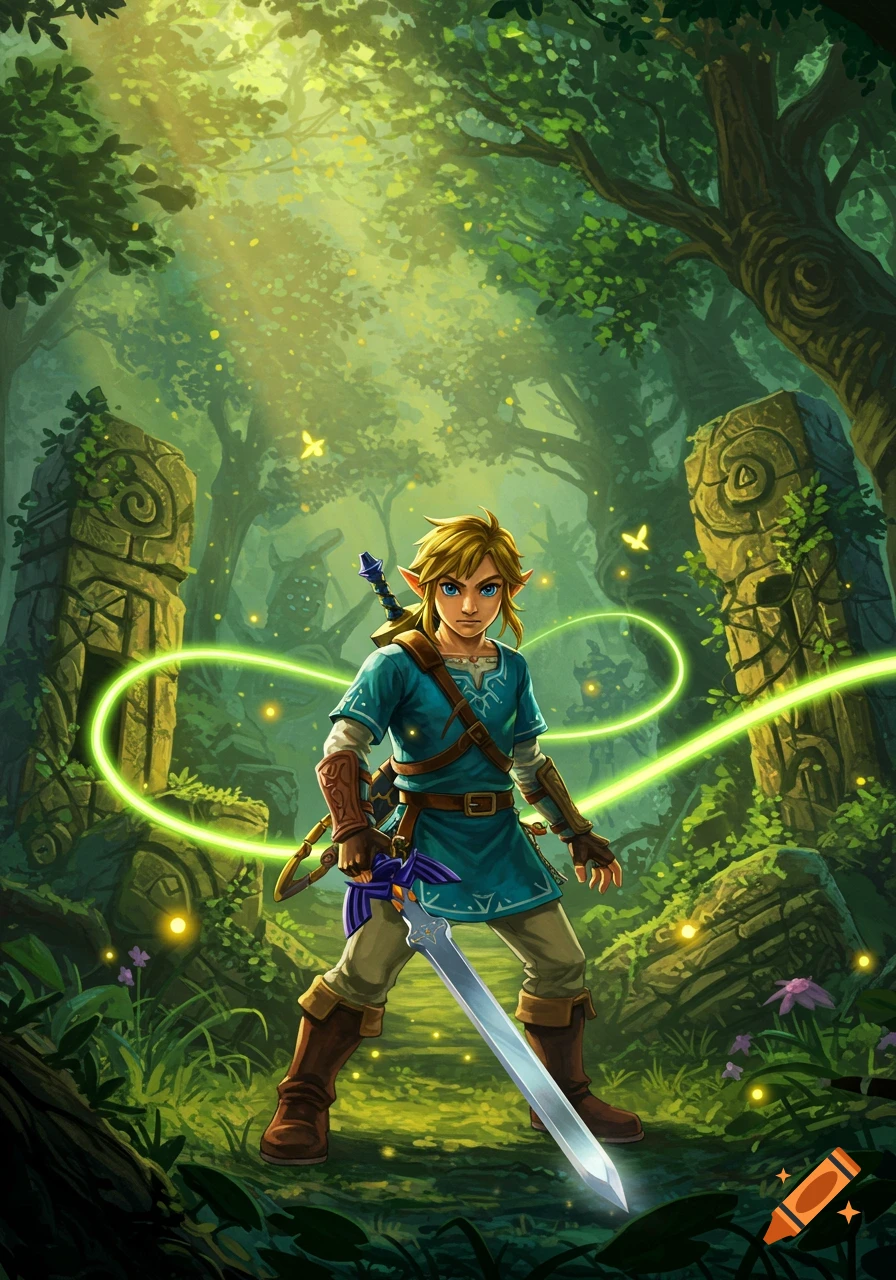 Link stands in a magical forest, holding the Master Sword, surrounded by glowing green energy and ancient ruins.