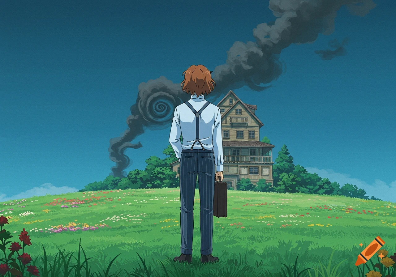 Anime man from behind on a flower-filled hill looks at an old house with dark spiraling smoke in a blue sky. He carries a briefcase.