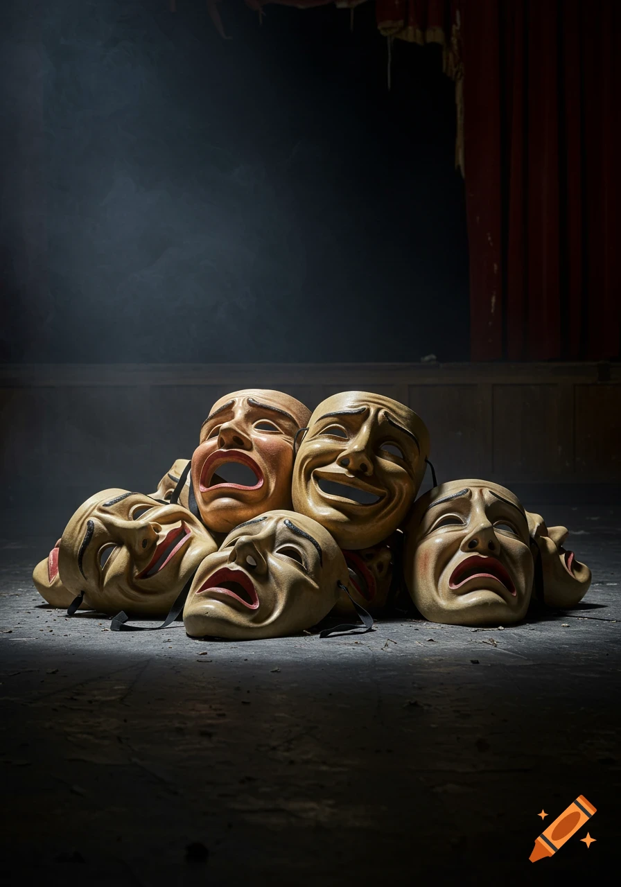 A pile of theatrical comedy and tragedy masks lie on a dusty stage floor, lit by a spotlight, with red curtains in the background.