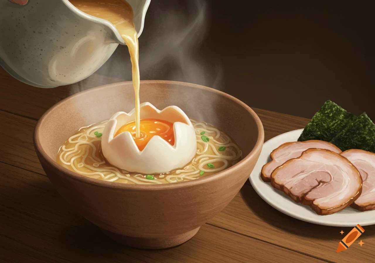 An illustration of a hand pouring broth into a bowl of ramen with a flower-shaped egg, alongside a plate of sliced pork and seaweed.