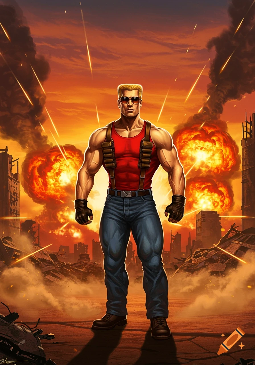 A muscular man with sunglasses and a red tank top stands confidently in front of a ruined, burning city with explosions and falling debris, in a dramatic, stylized illustration.