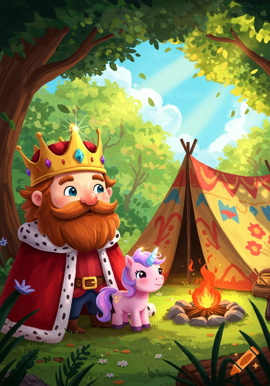 Cartoon king in a crown and red robe with a baby unicorn, camping by a fire in a vibrant green forest.