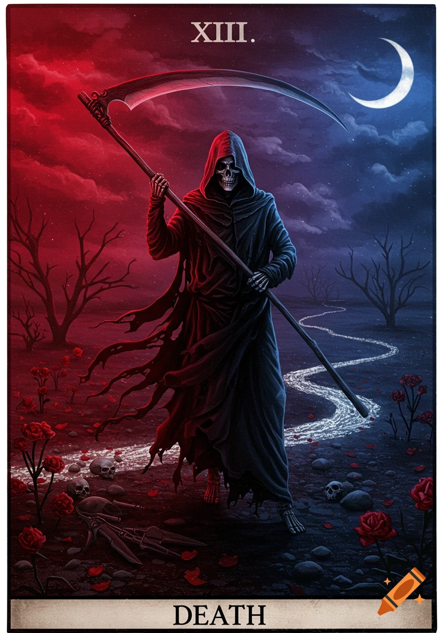 Dark fantasy illustration of the Grim Reaper, Death Tarot Card XIII, with a scythe in a barren, red and blue landscape.