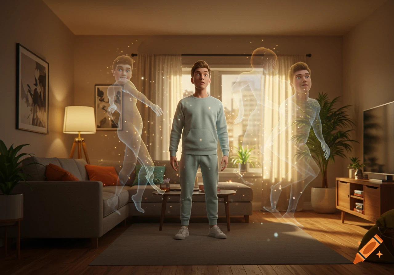 A man stands in a modern living room, looking surprised, surrounded by three translucent, sparkling, ghost-like figures of himself.