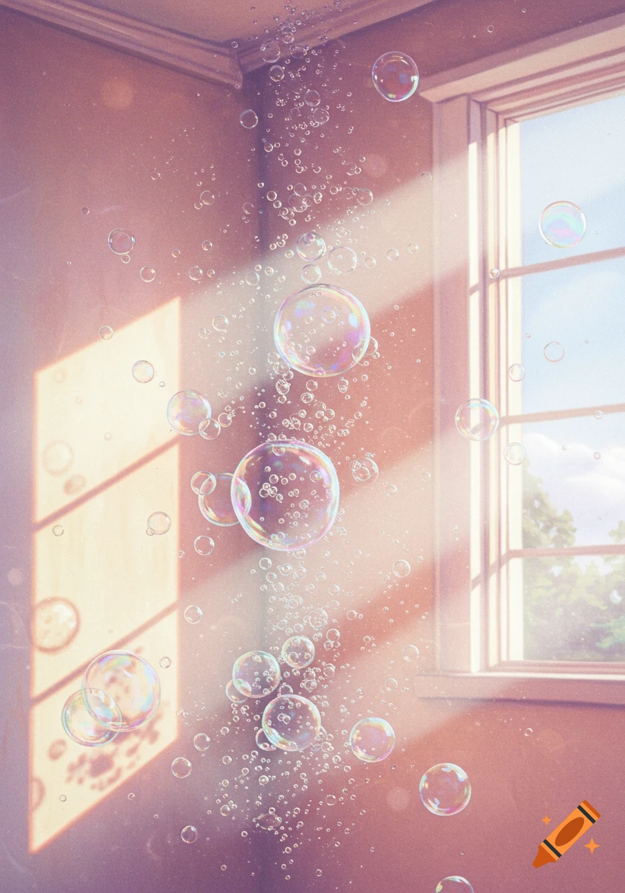 Numerous iridescent bubbles float in a sunlit room with light streaming through a window.