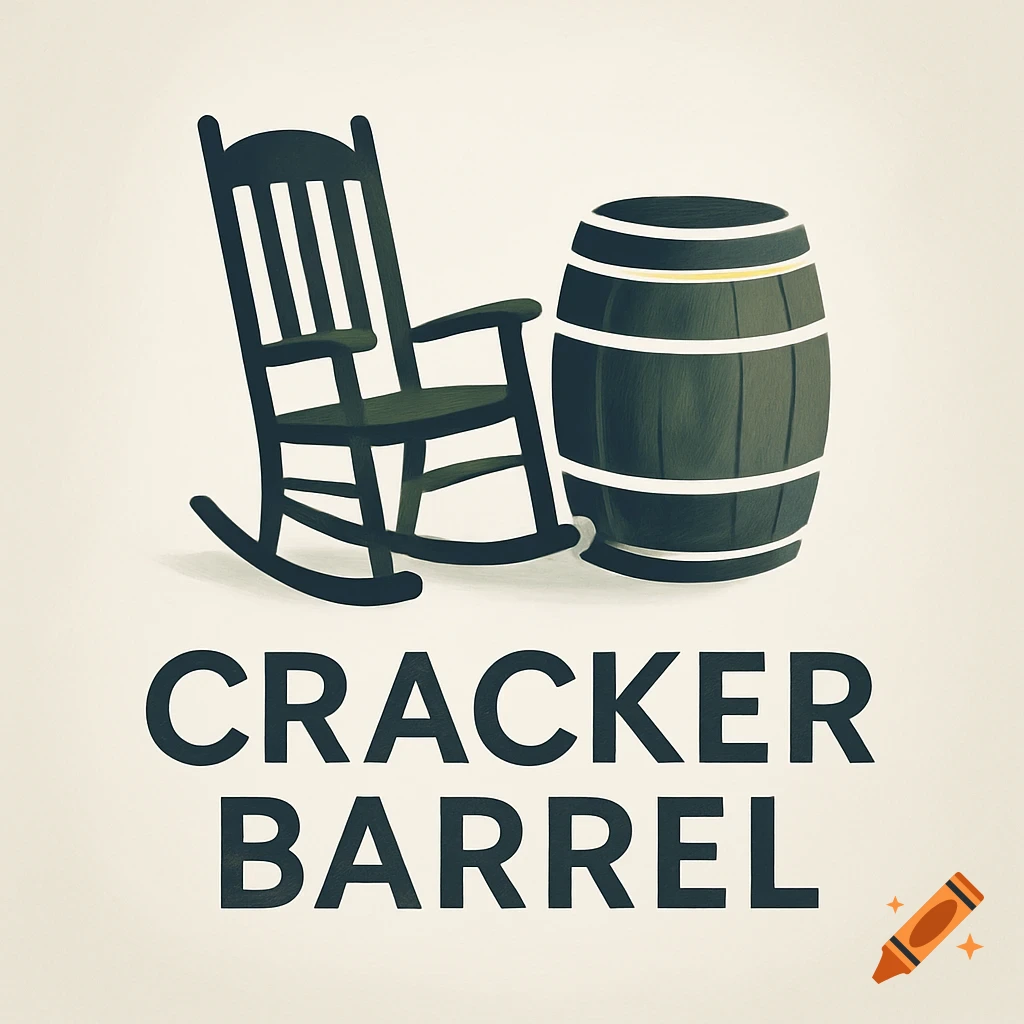 A dark silhouette of a rocking chair and a barrel above the text "CRACKER BARREL" on a light background, in a minimalist logo style.