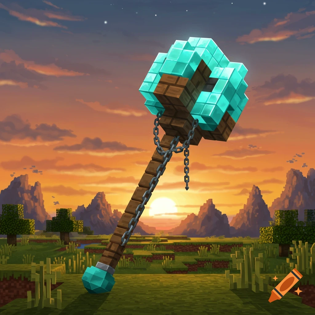 A pixelated, diamond and wood mace with chains, standing upright in a Minecraft-style field at sunset with mountains in the background.